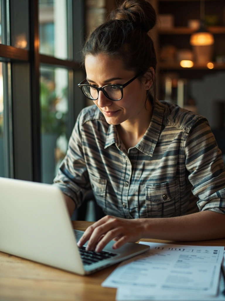 A freelancer working at a laptop with 1099 forms beside her, in a candid editorial style.