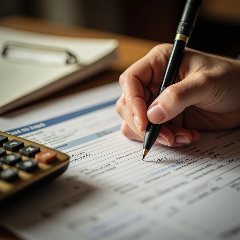 A hand writing on a deduction worksheet beside a brass calculator, in a warm editorial style.