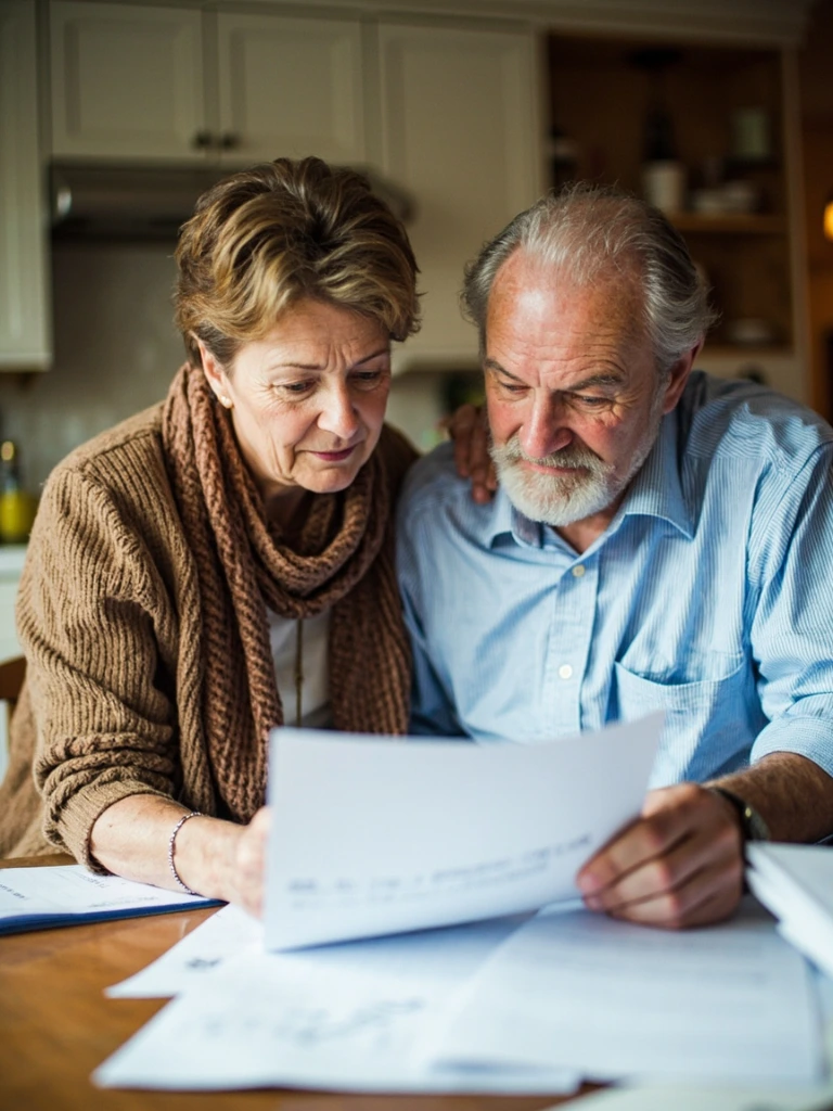 A retired couple reviewing tax paperwork together at a kitchen table, in a candid editorial style.